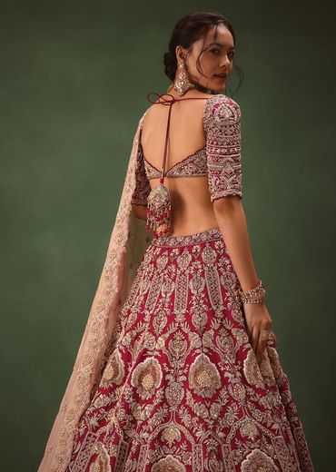 Maroon Raw Silk Hand Embroidered Bridal Lehenga With Two Dupattas