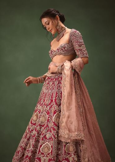 Maroon Raw Silk Hand Embroidered Bridal Lehenga With Two Dupattas