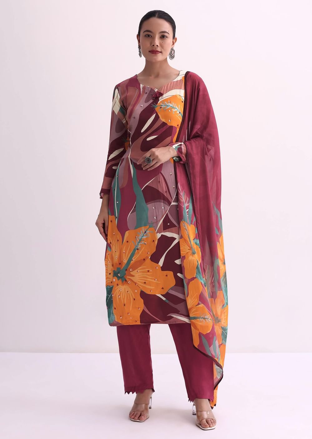Maroon Red Abstract Floral Print Kurti Pant Set With Dupatta