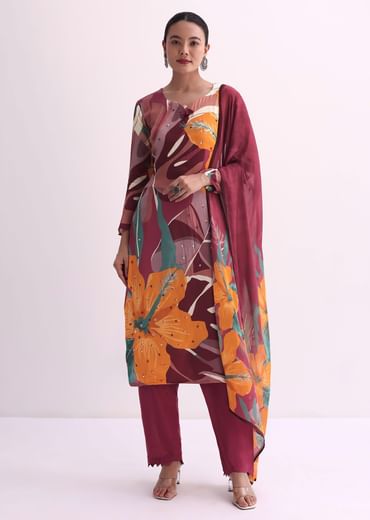 Maroon Red Abstract Floral Print Kurti Pant Set With Dupatta