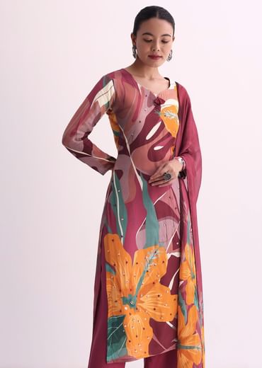 Maroon Red Abstract Floral Print Kurti Pant Set With Dupatta