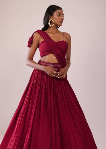 Maroon Red Chiffon Lehenga Blouse Set With One Side Shoulder Drape