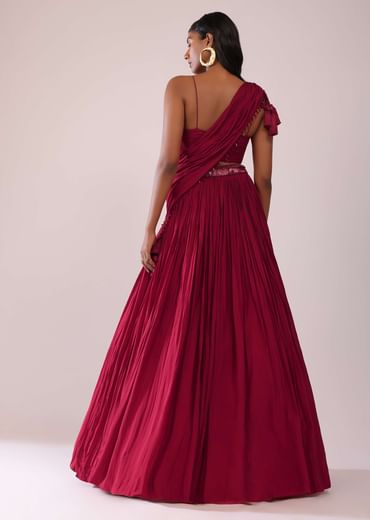 Maroon Red Chiffon Lehenga Blouse Set With One Side Shoulder Drape