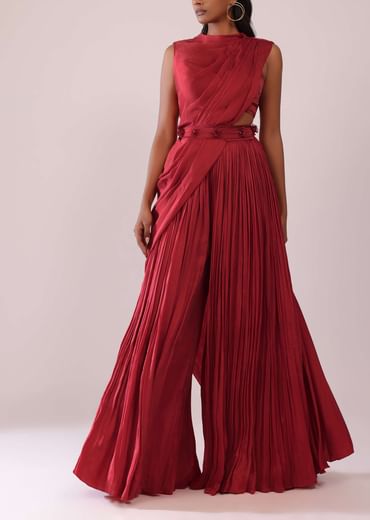 Maroon Red Satin Rushing Palazzo And Bustier Set With Draped Cape