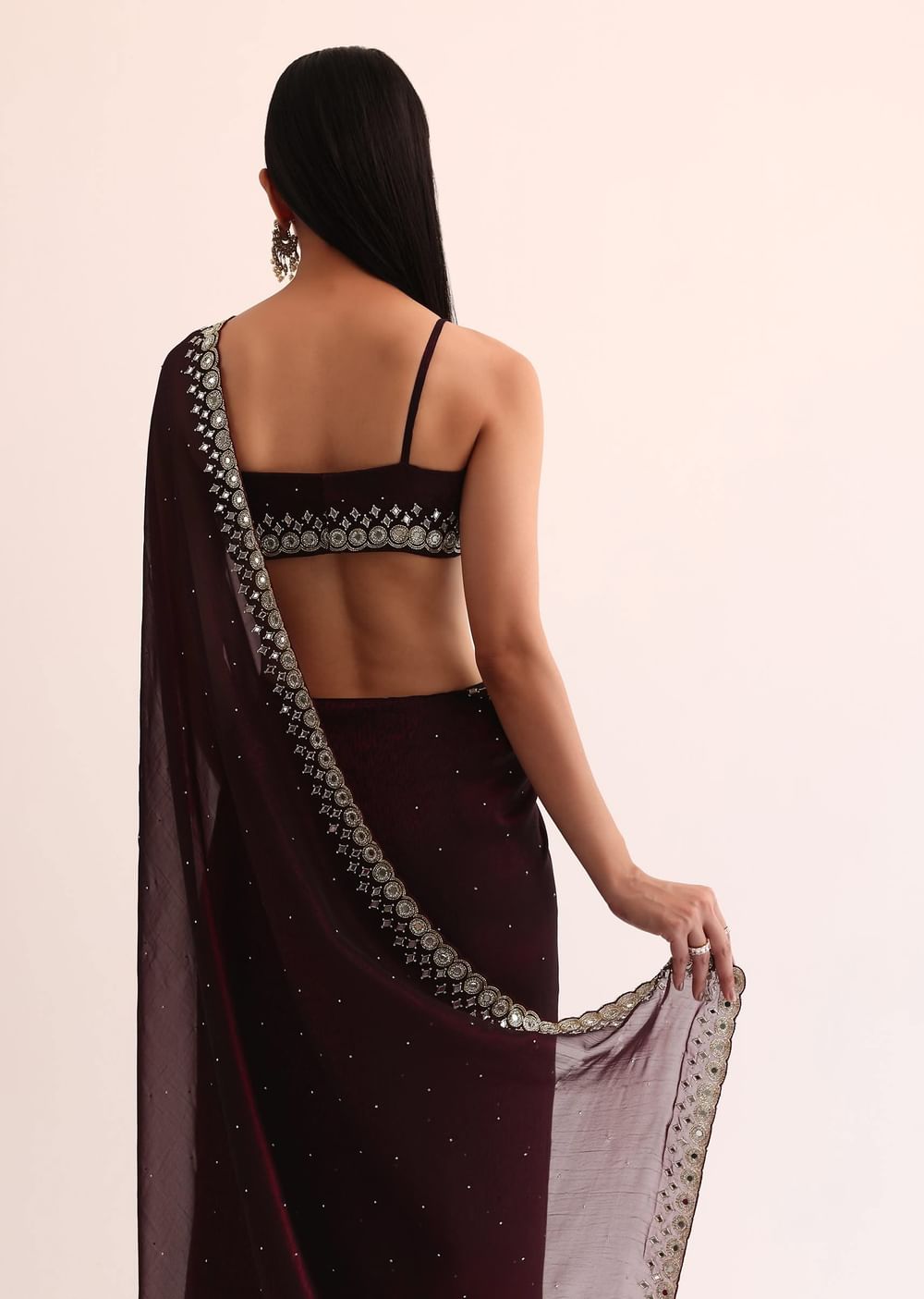 Maroon Red Satin Saree With Mirror Embroidery And Unstitched Blouse