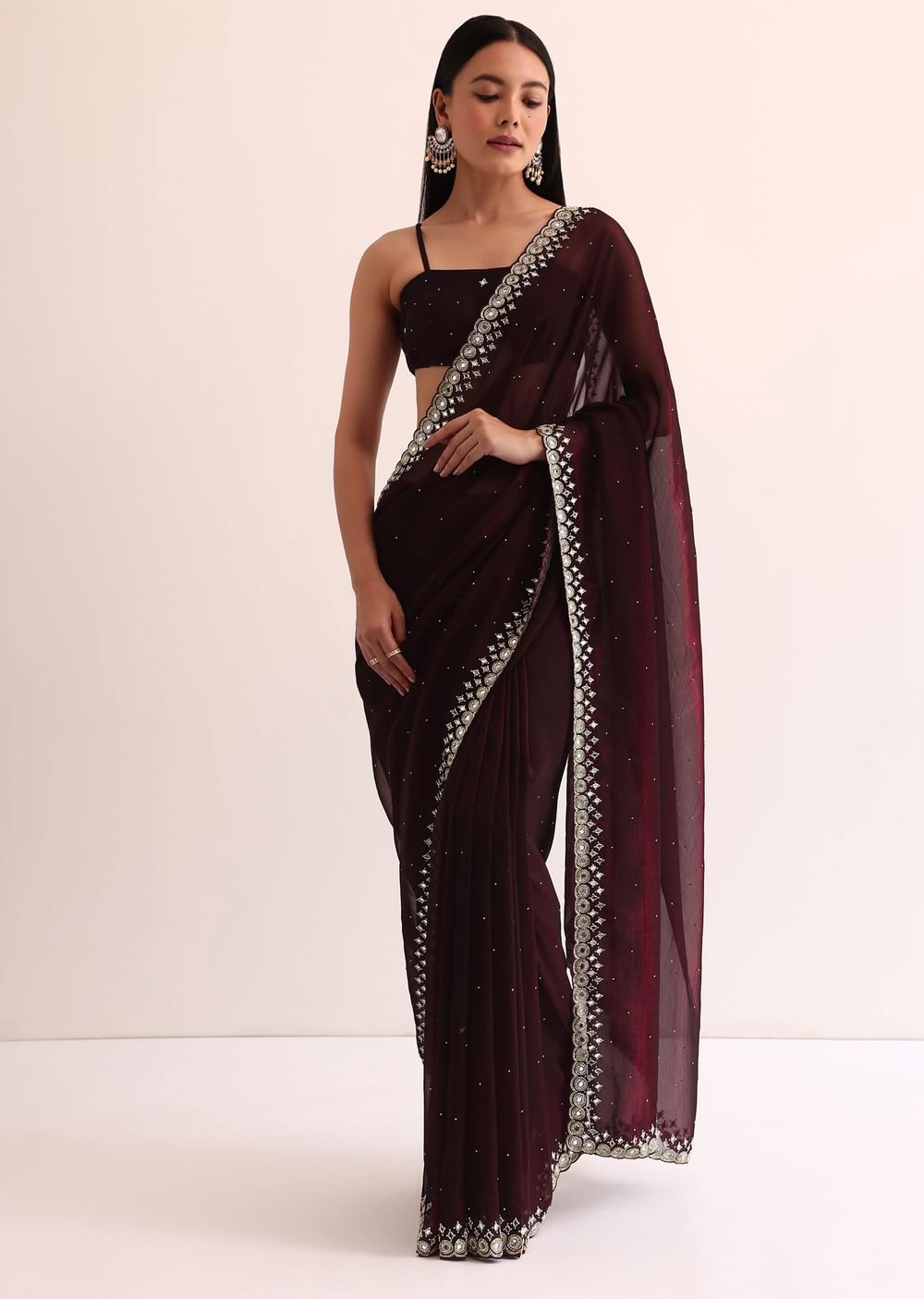 Maroon Red Satin Saree With Mirror Embroidery And Unstitched Blouse