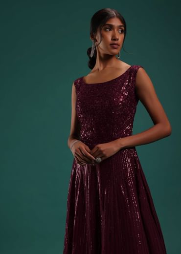 Maroon Red Sequins Embellished Gown In Georgette