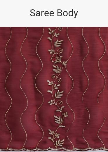 Maroon Red Tissue Saree With Cut Dana Embroidery And Unstitched Blouse