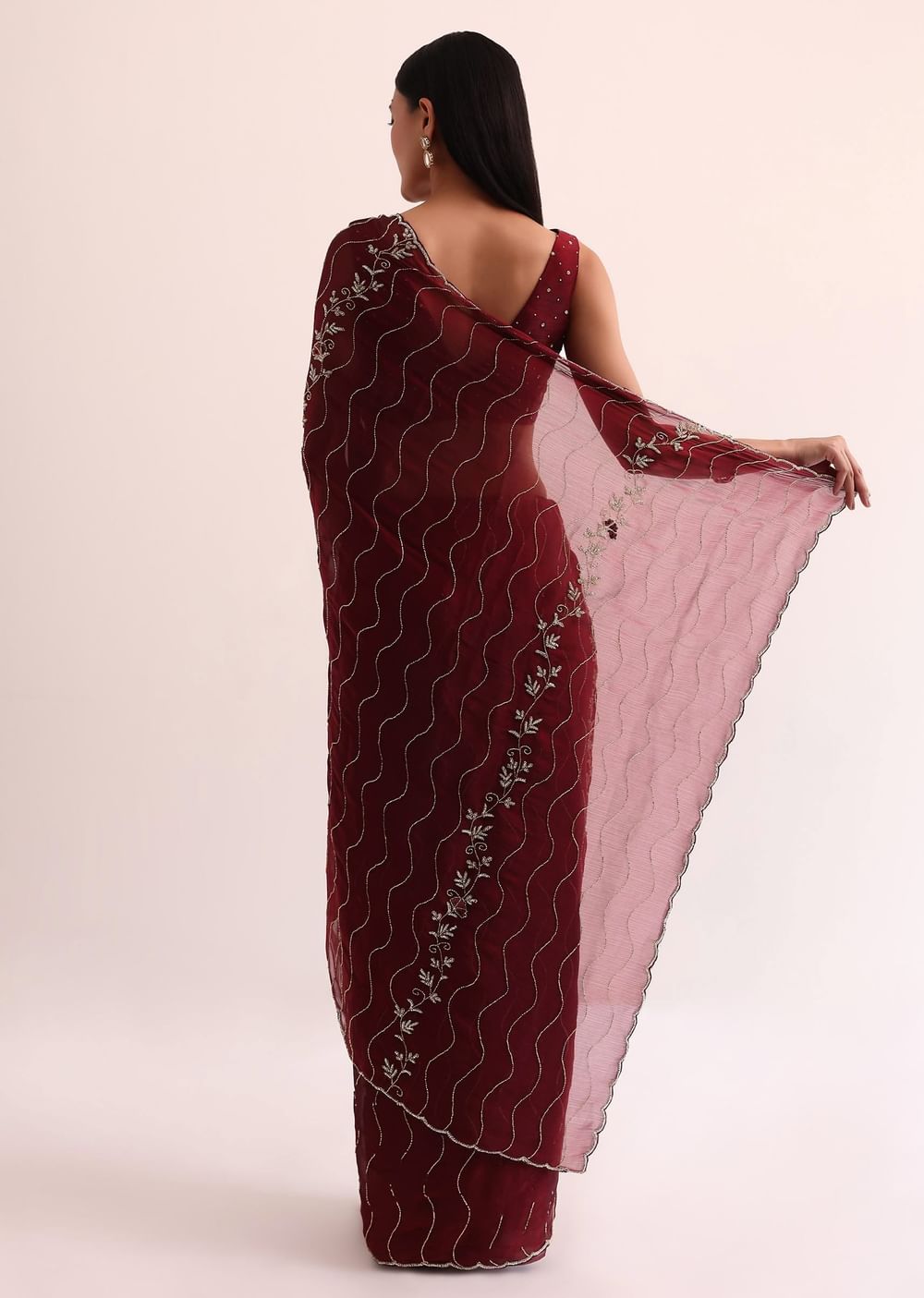 Maroon Red Tissue Saree With Cut Dana Embroidery And Unstitched Blouse