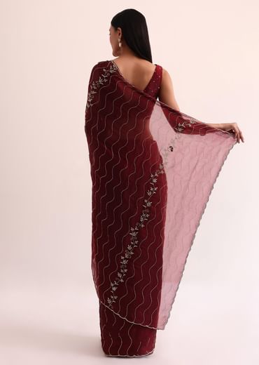Maroon Red Tissue Saree With Cut Dana Embroidery And Unstitched Blouse