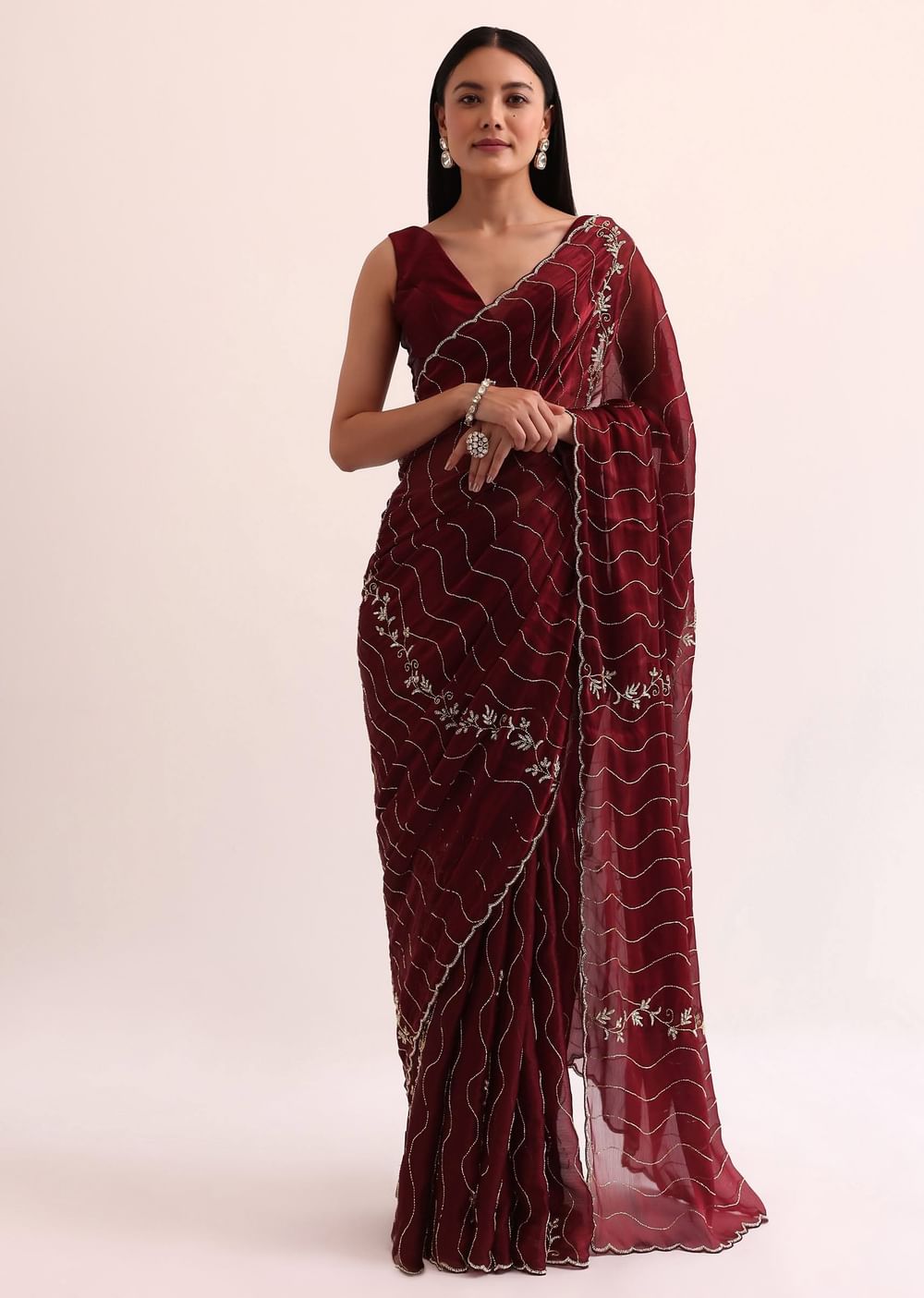 Maroon Red Tissue Saree With Cut Dana Embroidery And Unstitched Blouse