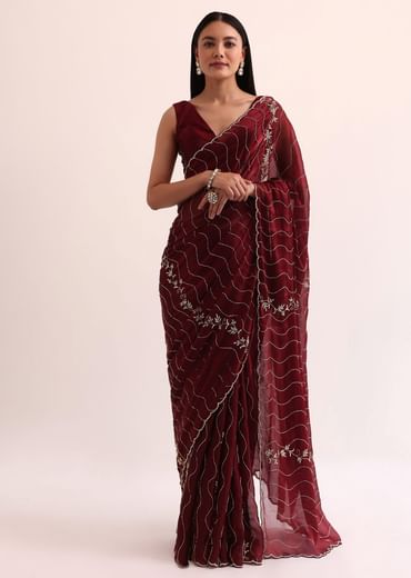 Maroon Red Tissue Saree With Cut Dana Embroidery And Unstitched Blouse