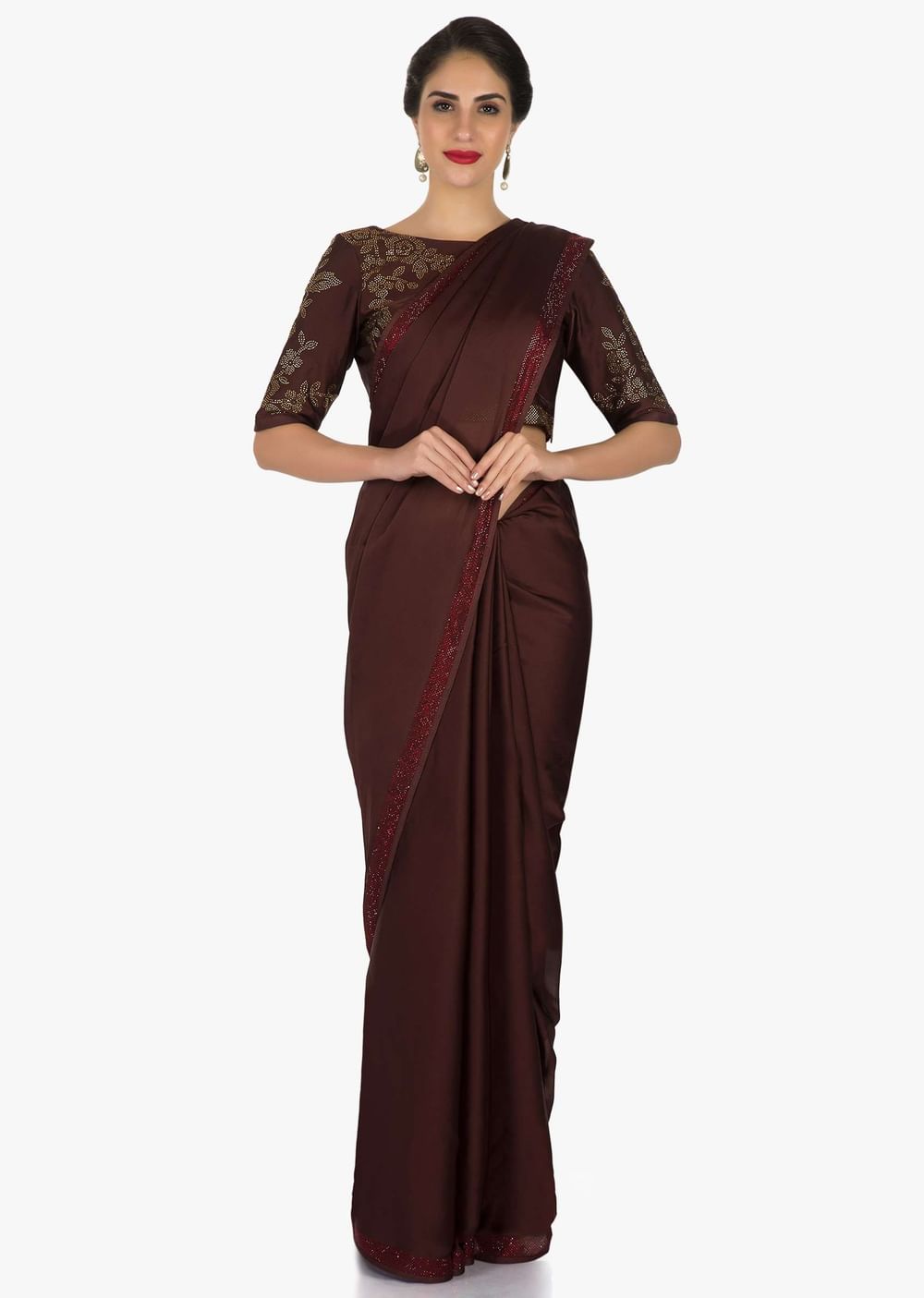 Maroon saree embellished in kundan embroidery only at Kalki