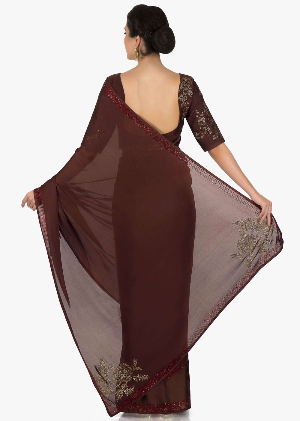 Maroon saree embellished in kundan embroidery only at Kalki