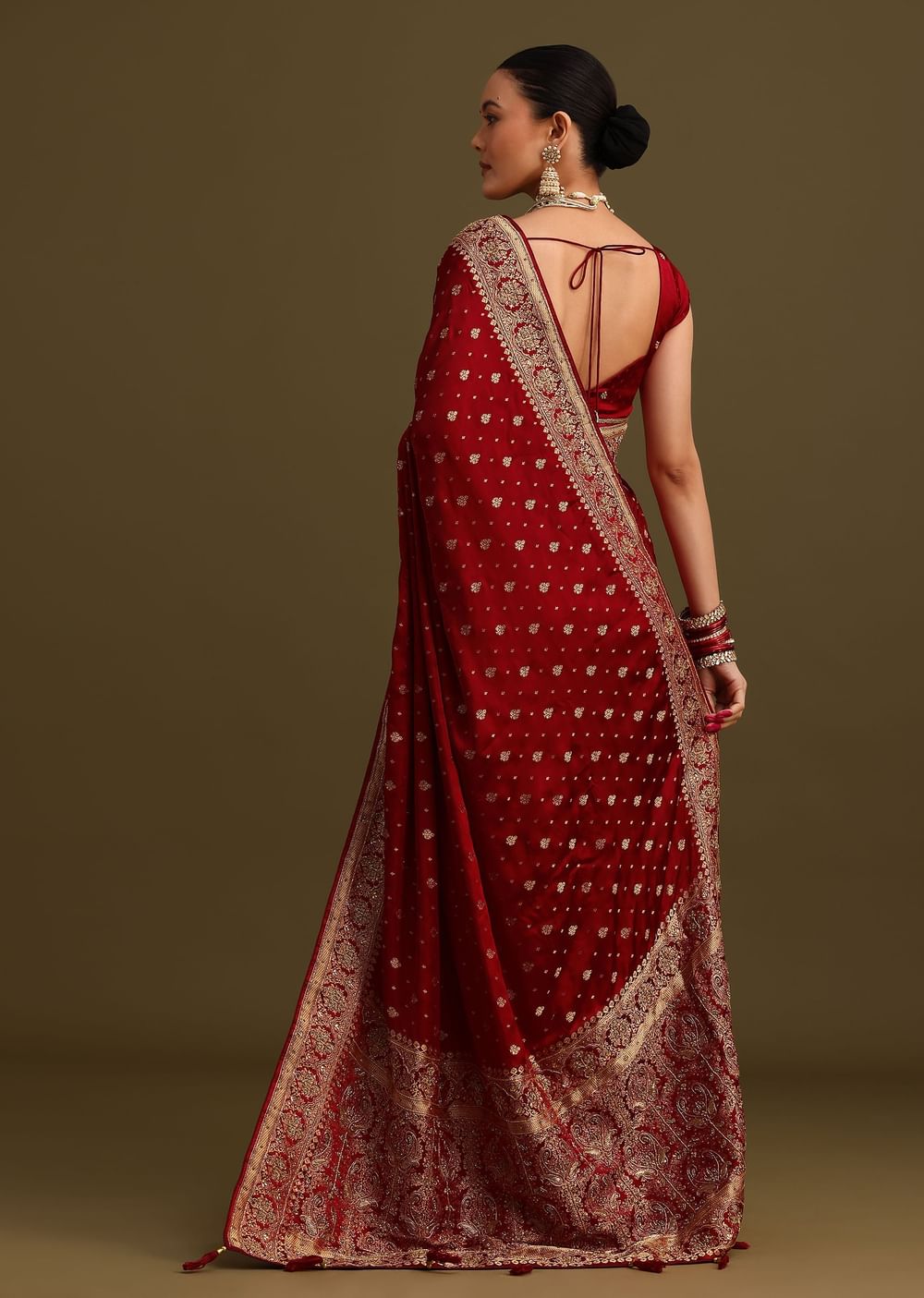 Maroon Satin Zardosi And Cutdana Embroidered Saree