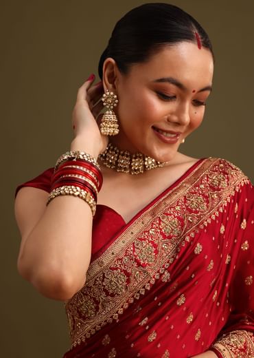 Maroon Satin Zardosi And Cutdana Embroidered Saree