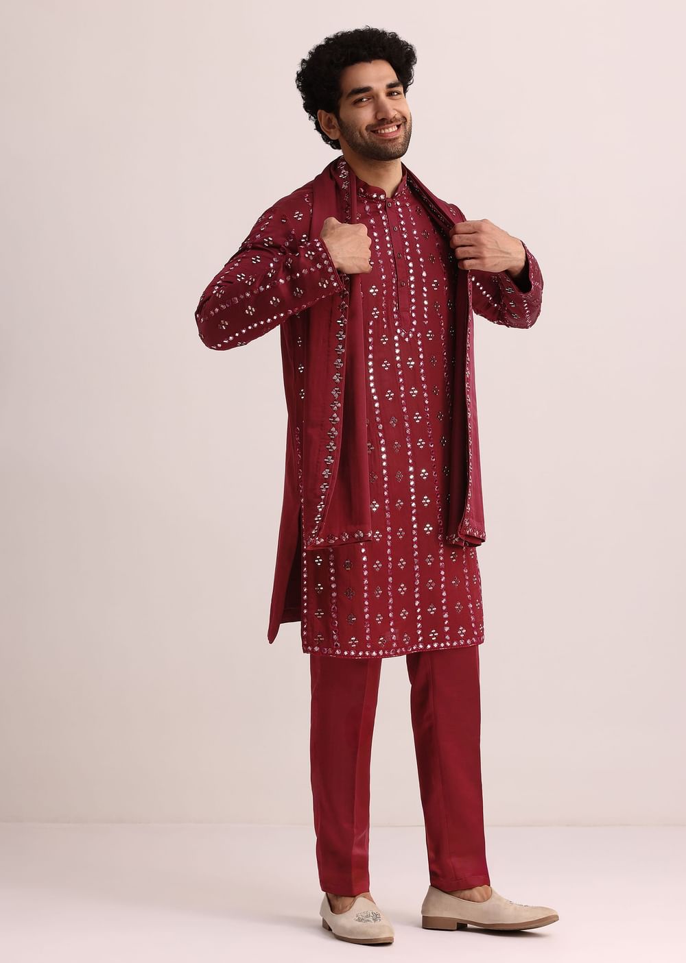 Maroon Silk Blend Mirror Work Kurta Set With Dupatta