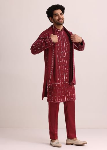 Maroon Silk Blend Mirror Work Kurta Set With Dupatta