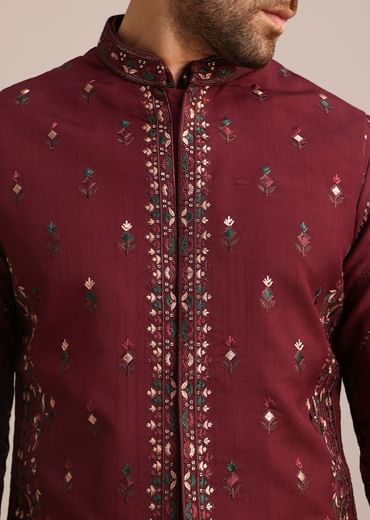 Maroon Silk Jacket Kurta Set With Embroidered Work