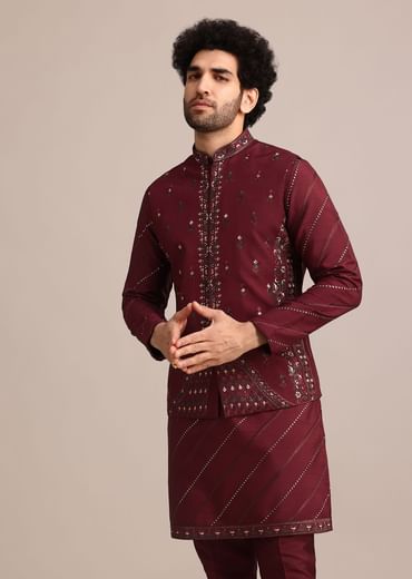 Maroon Silk Jacket Kurta Set With Embroidered Work