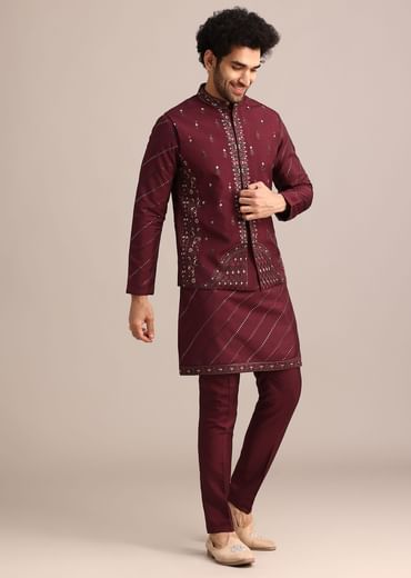 Maroon Silk Jacket Kurta Set With Embroidered Work