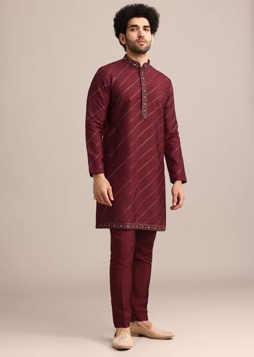 Maroon Silk Jacket Kurta Set With Embroidered Work