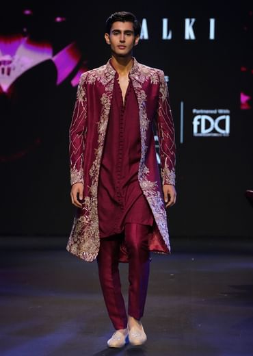 Maroon Tissue Cutdana Embroidered Sherwani Suit With Dupatta