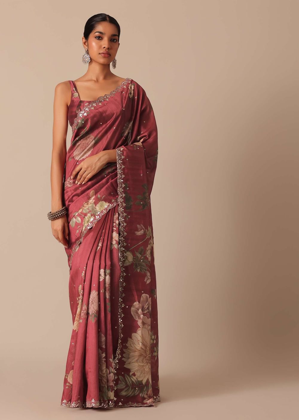 Maroon Tussar Silk Saree With Cutwork Scallop Border And Unstitched Blouse Piece