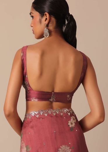 Maroon Tussar Silk Saree With Cutwork Scallop Border And Unstitched Blouse Piece
