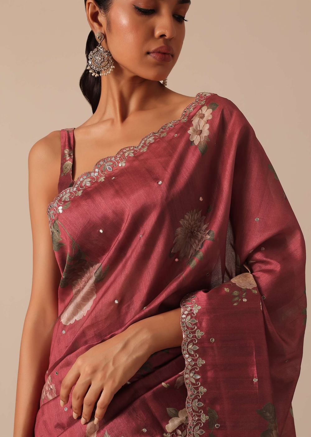 Maroon Tussar Silk Saree With Cutwork Scallop Border And Unstitched Blouse Piece