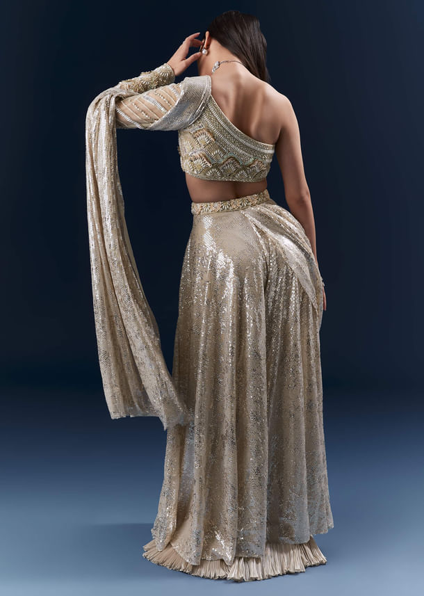 Mauve Imported Sequins Crop Top And Palazzo Pants With Attached Dupatta Mauve Imported Sequins Crop Top And Palazzo Pants With Attached Dupatta