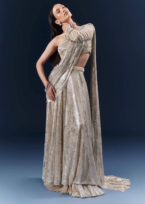 Mauve Imported Sequins Crop Top And Palazzo Pants With Attached Dupatta Mauve Imported Sequins Crop Top And Palazzo Pants With Attached Dupatta