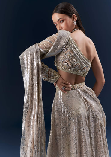 Mauve Imported Sequins Crop Top And Palazzo Pants With Attached Dupatta Mauve Imported Sequins Crop Top And Palazzo Pants With Attached Dupatta