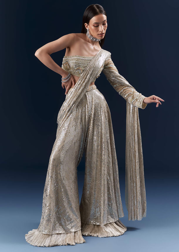 Mauve Imported Sequins Crop Top And Palazzo Pants With Attached Dupatta Mauve Imported Sequins Crop Top And Palazzo Pants With Attached Dupatta