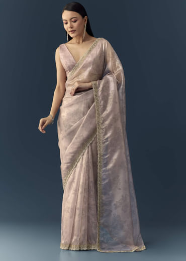 Mauve Jacqaurd Floral Print Tissue Silk Saree with Unstitched Blouse