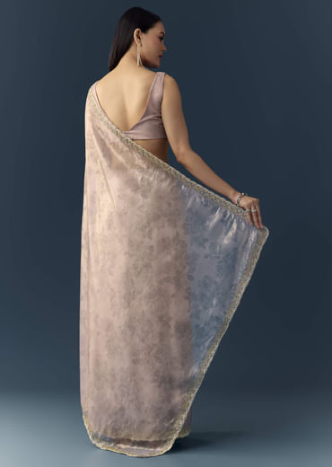 Mauve Jacqaurd Floral Print Tissue Silk Saree with Unstitched Blouse