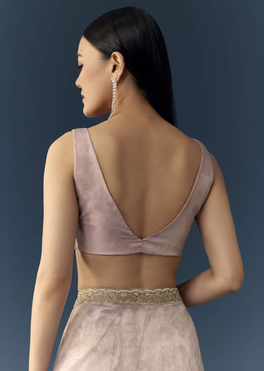 Mauve Jacqaurd Floral Print Tissue Silk Saree with Unstitched Blouse