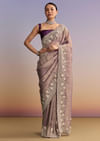 Mauve Jacquard Embroidered Saree With Floral Border
