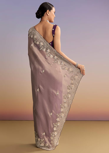Mauve Jacquard Embroidered Saree With Floral Border
