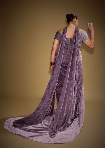 Mauve Off Shoulder Velvet Gown With Keyhole Detail And Embroidered Choker