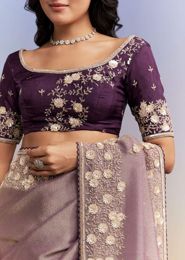 Mauve Purple Jacquard Tissue Saree With Heavy Hand Embroidery