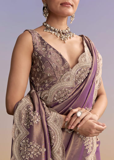Mauve Tissue Embroidered Saree With Sequin And Stone Work