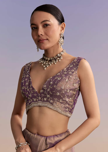 Mauve Tissue Embroidered Saree With Sequin And Stone Work