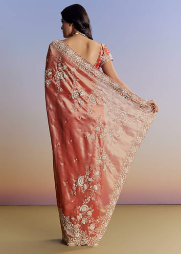 Mauve Tissue Saree With Scallop Border And Bead Embroidery