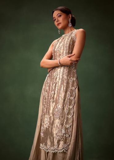 Mauve Dhoti Drape Skirt Brocade Embroidered Kurta With Side Tie Ups