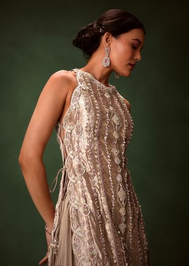 Mauve Dhoti Drape Skirt Brocade Embroidered Kurta With Side Tie Ups