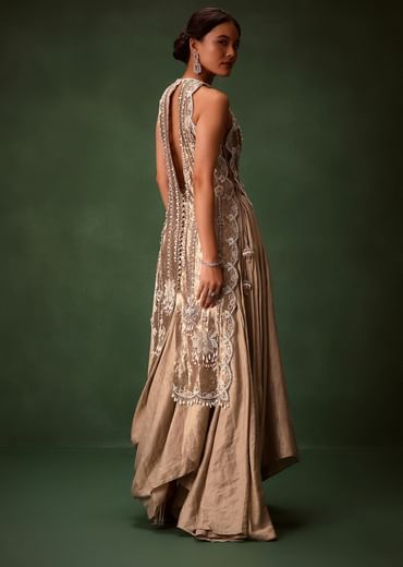Mauve Dhoti Drape Skirt Brocade Embroidered Kurta With Side Tie Ups