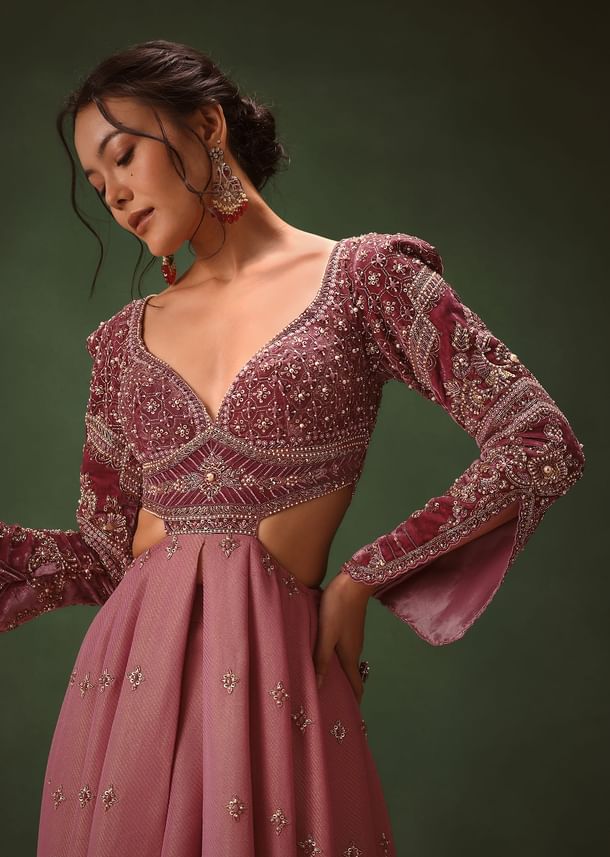 Mauve Embroidered Anarkali Suit With Flared Palazzo Pant