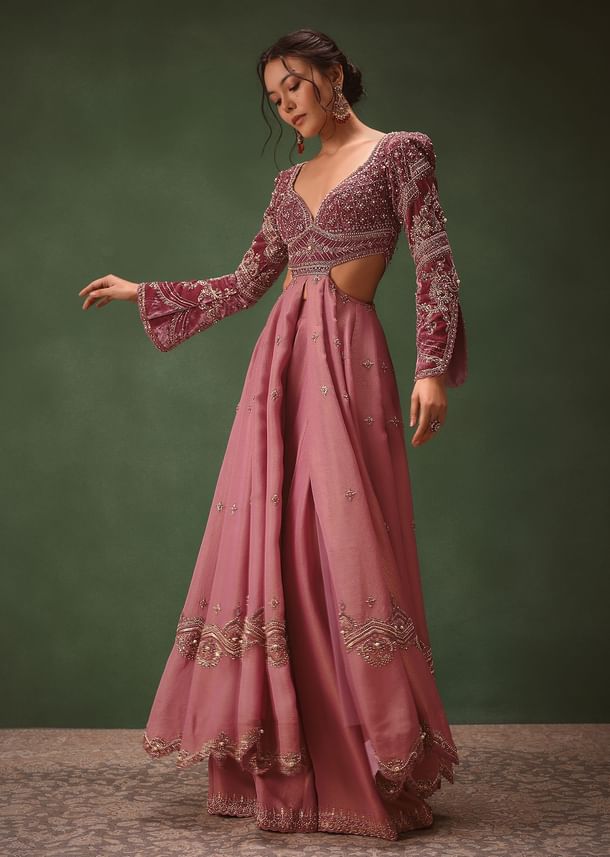 Mauve Embroidered Anarkali Suit With Flared Palazzo Pant