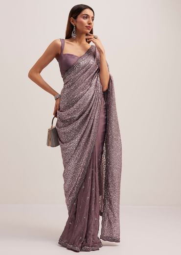 Mauve Half AndHalf Sequins Embroidered Saree